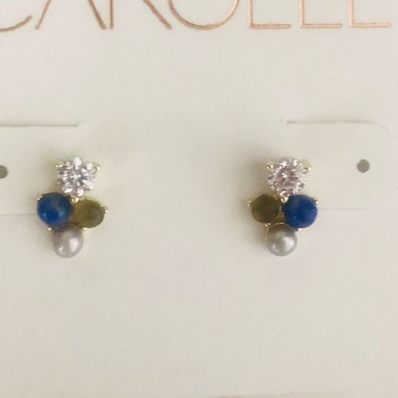 CAROLEE Stone & Freshwater Pearl Stud Earrings, Blue/Yellow/Gold, Pearl, NWT - Picture 3 of 9